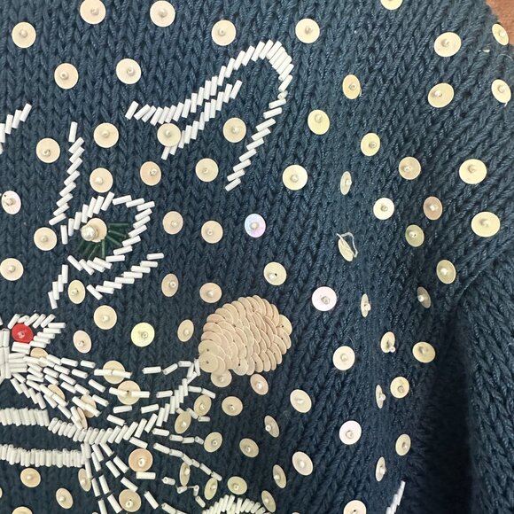 Nannell Hand knit Blue Vintage Big Cat Sweater with Sequins Small - Picture 4 of 5